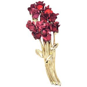 Signed Red Roses Pin Brooch DM 97 Bouquet Gold Tone 2" Long Timeless Beauty
